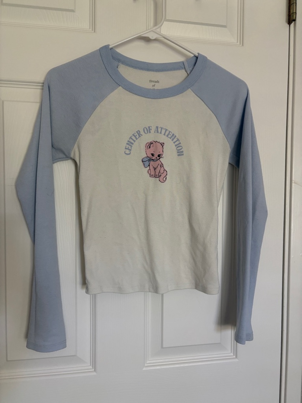 Lux White & Light Blue Raglan Long Sleeve Tee with Pink Kitten